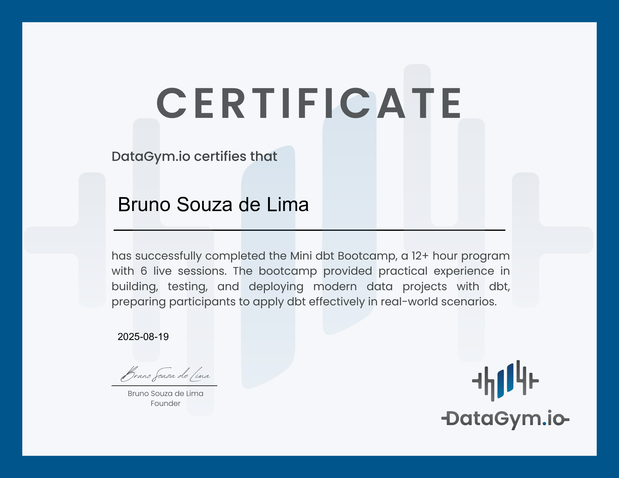 Bruno Souza de Lima - DataGym.io Mini dbt Bootcamp Certification
